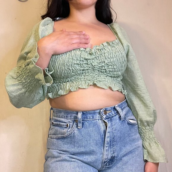 Green Puffy Sleeve Crop Top - Picture 5 of 5